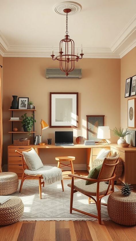 Transform your office into a dual-purpose beauty and workspace with decor ideas that blend functionality and glamour. Office Beige Walls, Peach Home Office, Earth Tone Home Office, Home Office Design Women, Lawyer Home Office, Office Colors Ideas, Office Decor Workplace Professional, Small Home Office Room, Warm Office Decor