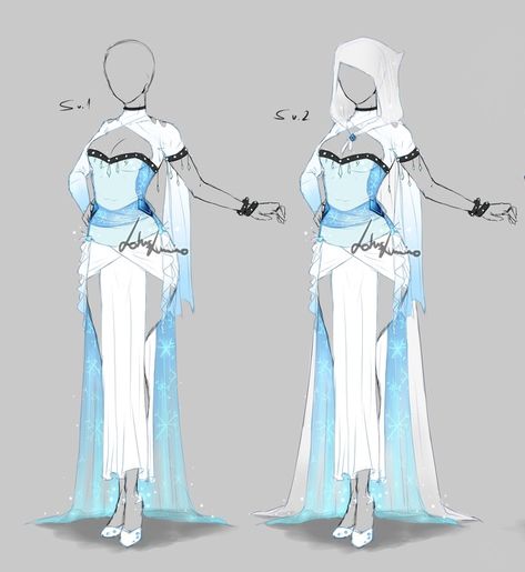 Goddess Dresses Drawing, Ice Themed Outfit Drawing, Ice Princess Drawing, Fantasy Dancer Outfit Art, Water Outfits Drawing, Ice Dress Drawing, Ice Aesthetic Outfit, Ice Hero Costume, Ice Hero Costume Design