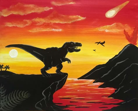 Jurassic End - Sun, Mar 13 11AM at Federal Way Acrylic Paint Dinosaur, Dinosaurs Painted On Rocks, Dinosaur Canvas Painting, Watercolor Negative Painting, Hand Painted Bible, Dinosaur Silhouette, Kids Camp, Silhouette Painting, Easy Canvas Painting