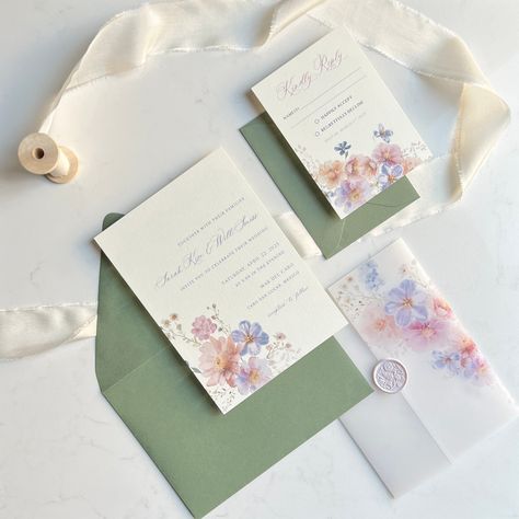 Printed Semi-Custom Wedding Invitation | Spring Blossom Wedding Invite | Bloss Vellum Jacket | Wax Seal | Floral Wedding Stationery https://etsy.me/3MtDQol #wedding #floralinvitation #weddinginvitation #blossominvitation #floralwedding Wildflower Wedding Invitation Suite, Light Blue And Purple Wedding Invitations, Floral Pastel Wedding Invitations, Spring Wedding Invitations Floral Prints, Vellum Jacket, Vellum Wrap, Floral Wedding Stationery, Blossom Wedding, Floral Wedding Invitation Suite