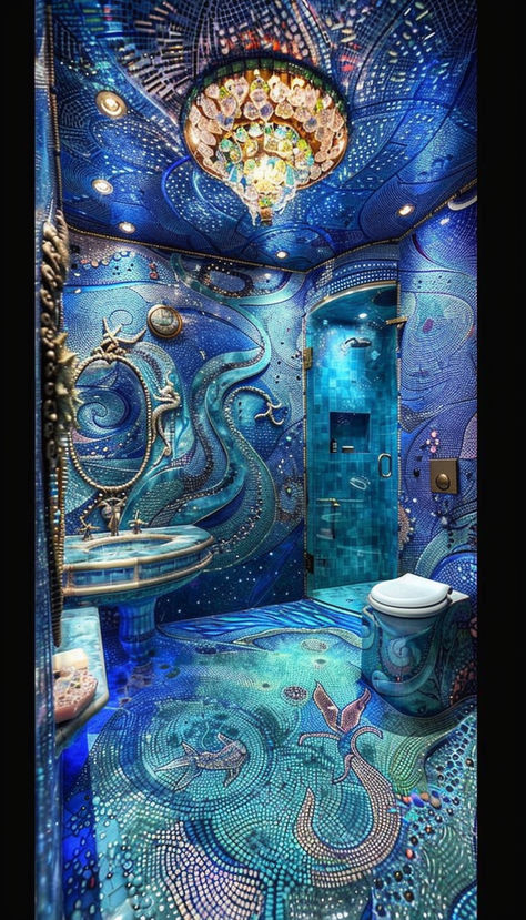 Underwater bathroom mermaid inspiration Moody Mermaid Bathroom, Underwater Themed Bathroom, Vintage Mermaid Bathroom, Ocean Bathroom Ideas, Underwater Bathroom, Bathroom Mermaid, Fantasy Bathroom, Mermaid House, Mermaid Inspiration