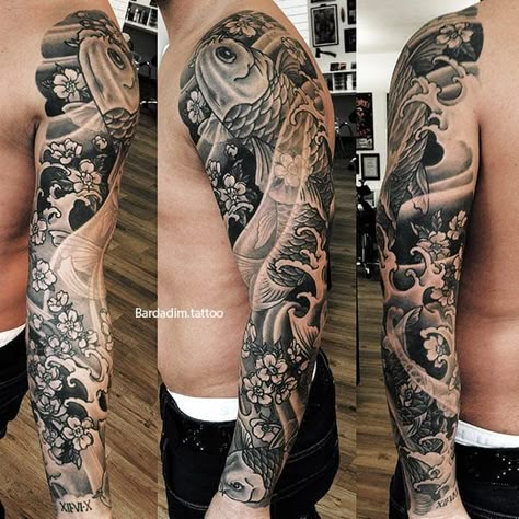 Japanese Sleeve Black and Grey - George Bardadim Tattoo - NYC Japanese Tattoo Koi, Tato Irezumi, Japanese Tattoo Sleeve, Black Sleeve Tattoo, Koi Tattoo Sleeve, Unique Half Sleeve Tattoos, Tattoo Japanese Style, Half Sleeve Tattoos Drawings, Tattoo Culture