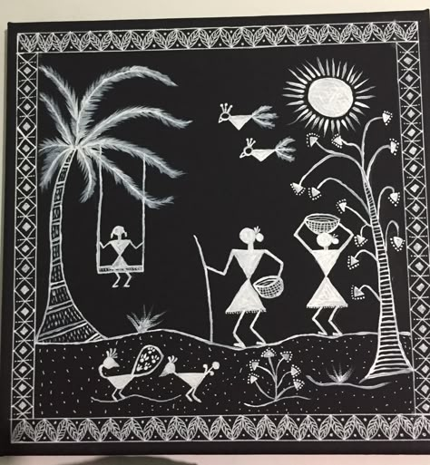 Warli Art Designs On Wall, Warli Art On Black Paper, Warli Art On A3 Sheet, Warli Art Designs On Paper, Warli Paintings On Canvas, Varali Art, Potrate Painting, Warli Painting Ideas On Paper, Verli Art