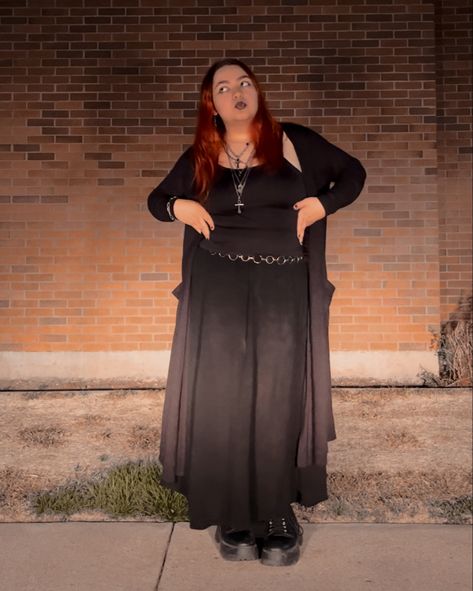 #goth #metalhead #redhair #black #outfit #outfitinspo #blackskirt #skirt #boots #belt #cardigan # Goth Metalhead, Skirt Boots, Black Skirt, Black Outfit, Red Hair, Skirt, Boots, Outfit Inspo, Black