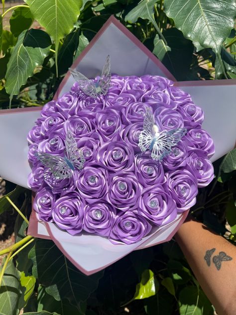 Purple Roses Bouquet Gift, Purple Butterfly Bouquet, Butterfly Rose Bouquet, Flowers Purple Bouquet, Lilac Roses Bouquet, Flower Bouquet Butterfly, Glitter Roses Purple, Purple Ribbon Flower Bouquet, Purple Glitter Roses Bouquet