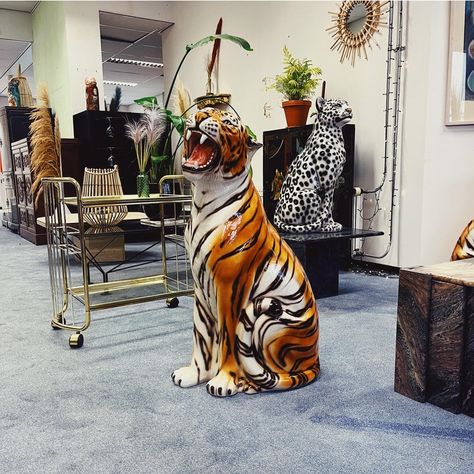 Unique handmade statue of a tiger. This Hollywood Regency statue, crafted from hand-painted ceramic and made in Italy, will undoubtedly add a stunning and sturdy look to your interior!  All statues come directly from a family business in Northern Italy that has specialized in high-quality ceramic statues since 1985. Everything is made by hand, making each image unique.  Dimensions Height: 90cm Width: 25cm Depth: 50cm Stamped by Maker Tiger Pottery, Tiger Sculpture, Tiger Statue, Italian Statues, Sewing Tattoos, Foo Dog Statue, Eclectic Maximalism, Pinterest Contest, Tiger Decor