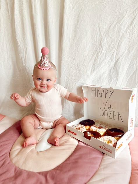 Half Birthday Donut Photoshoot, Donut Half Birthday Party, In N Out Baby Photoshoot, Half Dozen Donut Photoshoot, Half Birthday Girl Ideas, Half Dozen Baby Photoshoot, 6 Month Birthday Theme, Donut Half Birthday Pictures, Halfway To One Photoshoot Ideas