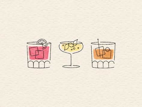 Mid Century Cocktail Illustration, Old Fashioned Art Illustrations, Cute Graphics Illustration, Illustrations On Packaging, Drawings Of Cocktails, Drawing Of Cocktail, Cocktail Sketch Art, Drinks Illustration Art, Cocktail Doodle Easy