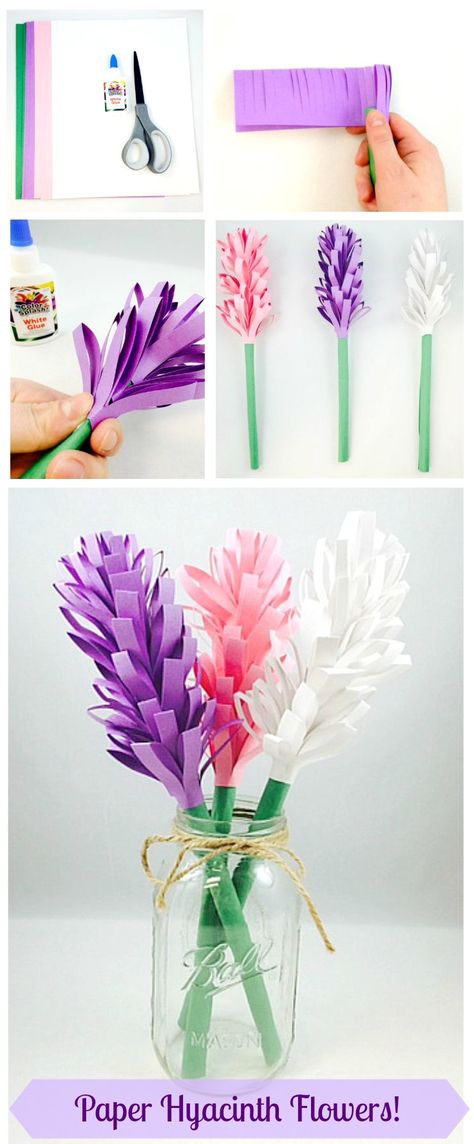 Easy Paper Hyacinth Flowers! Three materials needed for this fun Spring craft project: construction paper, scissors, and glue! We recommend our Sunworks Groundwood Construction Paper (PE1253) - it folds, scores, and curls just like more expensive brands! ขวดโหล Mason Jar, Hyacinth Flowers, Construction Paper Crafts, Diy Flores, Fleurs Diy, Easy Paper Crafts, Mothers Day Crafts, Summer Crafts, Flowers Diy