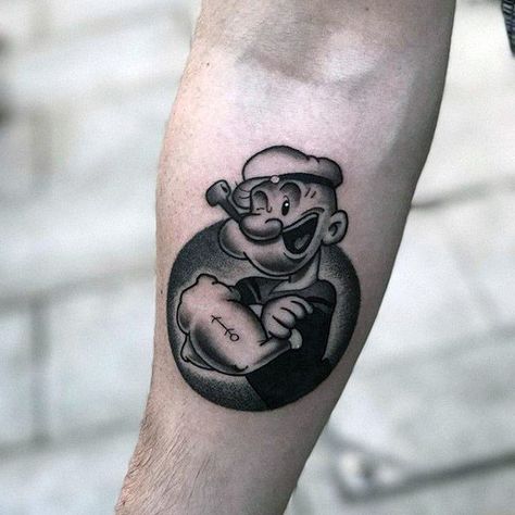 70 Cartoon Tattoos For Men - Animation Ink Design Ideas Cartoon Tattoos For Men, Popeye Tattoo, Mr Cartoon Tattoo, Revolver Tattoo, Mouse Tattoos, Popeye The Sailor Man, Wild Tattoo, One Piece Tattoos, Cool Arm Tattoos