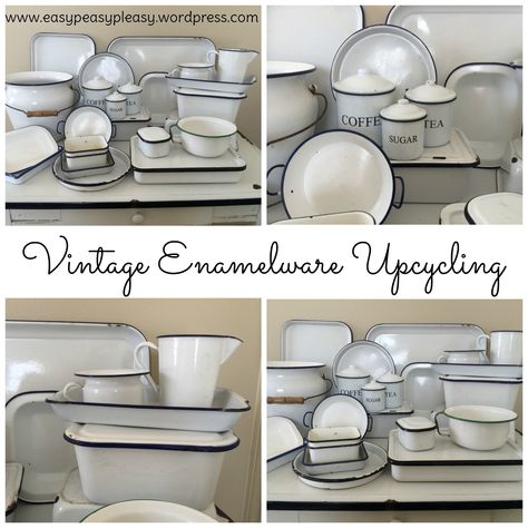 Decorating With Vintage Enamelware, Enamel Ware Decor Ideas, Enamel Cookware Vintage, Vintage Enamelware Decor Ideas, Enamel Bowl Decor Ideas, White Enamelware Decor, Vintage Enamelware Decor, Enamelware Decor, Vintage Fridge