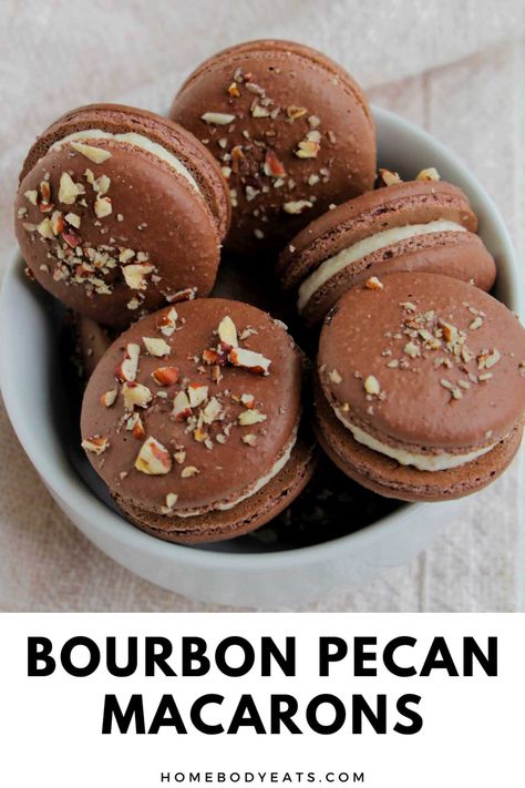 Mix bourbon or your favorite whiskey with chopped pecans for a delicious macaron flavor, great for Father's Day. This boozy buttercream macaron filling has the perfect little kick to it! This is an easy buttercream macaron filling that you're going to love! This alcoholic macaron filling would be so fun for a 21st birthday party too. Pecan Macarons, Macaron Ingredients, Macaron Filling Ideas, Whiskey Desserts, Cookie Macarons, Bourbon Dessert, Baking Macarons, French Meringue, Christmas Macarons