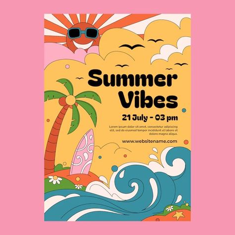 Premium Vector | Flat design 70s style poster template Kids Poster Design, Summer Poster Design, Festival Ads, Event Poster Inspiration, Flat Design Poster, Summer Template, Event Poster Template, Graphisme Design, Design Edit