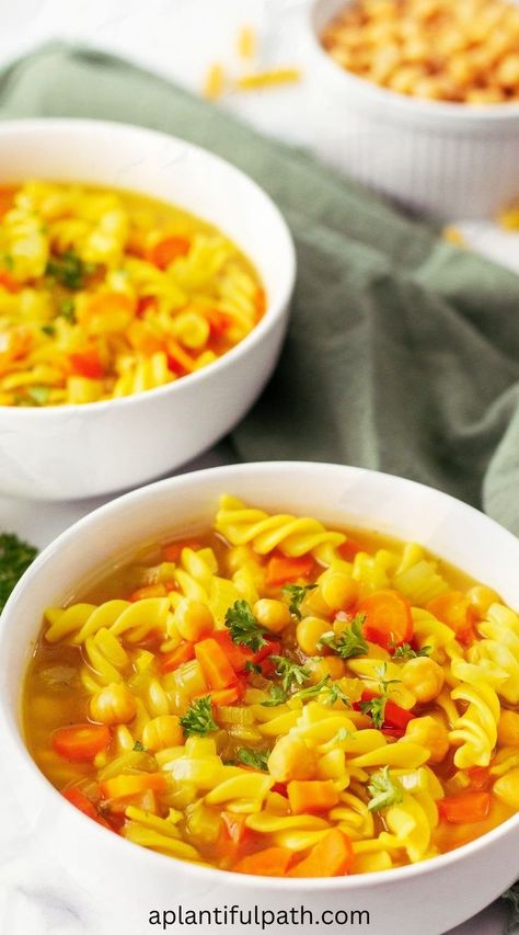 Looking for a healthy, savory, and easy-to-make soup? This vegan homemade chickpea noodle soup is packed with plant-based protein, veggies, and delicious flavors. It’s oil-free, simple to prepare, and perfect for a cozy, satisfying meal any day of the week! Chickpea Noodle Soup, Chickpea Noodle, Vegan Noodle Soup, Homemade Vegetable Broth, Protein Veggies, Stews Recipes, Vegan Pasta Dish, Easy Vegan Lunch, Oil Free Vegan Recipes