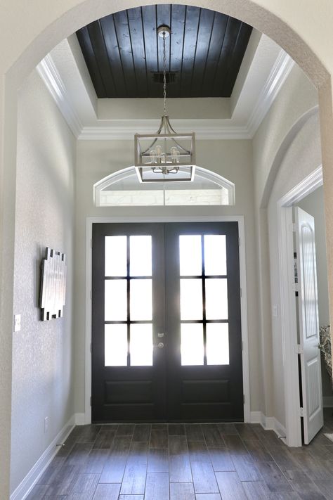 Step Down Entryway Foyers, Entry Tray Ceiling, Ceiling Entrance Design, Black Ceiling Foyer Entryway, Vaulted Hallway, Entry Way Ceiling Design, Dark Ceiling Entryway, Entryway Ceiling, Vaulted Foyer Entryway