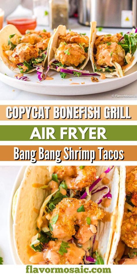 Copycat Bonefish Grill Air Fryer Bang Bang Shrimp Tacos are expertly coated in a delectable layer of panko bread crumbs, and skillfully cooked to a perfect golden brown hue. The result? A tantalizingly crispy texture that will leave your taste buds dancing with joy. To elevate the experience even further, a zesty and flavorful spicy sauce awaits, crafted with the finest Thai sweet chili sauce, adding a delightful kick to every bite. Air Fried Shrimp Tacos, Thai Shrimp Tacos, Bang Bang Shrimp Appetizer, Bang Bang Shrimp Tacos With Slaw, Air Fryer Bang Bang Shrimp Tacos, Bang Bang Shrimp Tacos Air Fryer, Bang Bang Fish Tacos, Shrimp Tacos Air Fryer, Bang Bang Shrimp Air Fryer