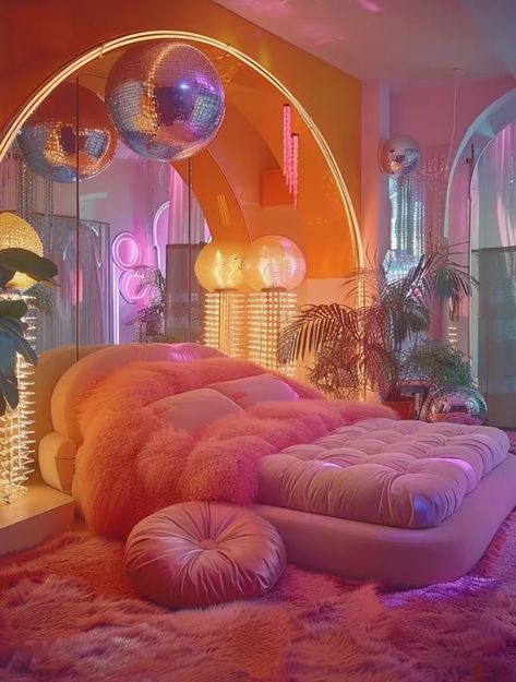 Cam Girling Room, Futuristic Room Aesthetic, Barbie Interior Design, Y2k Interior Design, Y2k Interior, Alice In Wonderland Door, 70’s House, Colorful Room Decor, Dreamy Decor