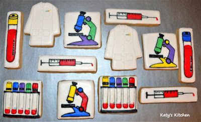 Lab Week Desserts, Lab Cookies Decorated, Lab Week Cookies Decorated, Lab Coat Cookies, Biology Themed Cookies, Medical Medium Cookies, Medical Lab Equipment, Science Cake, Medical Cookies