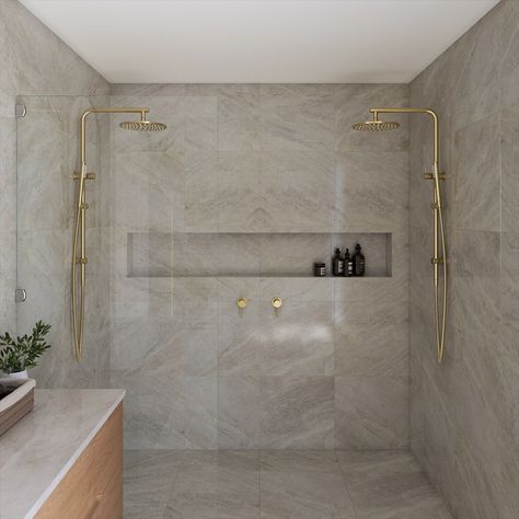 A luxurious touch to your next shower renovation... Shower Renovation, Small Bathroom Renovation, Twin Shower, Gold Shower, Bathroom Tapware, Concrete Basin, Bath Tiles, Shower Rail, Bathroom Design Decor