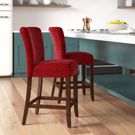 Mistana™ Fiqueroa 24" Counter Stool & Reviews | Wayfair Red Counter Stools, Red Barstools, Red Bar Stools, Stool Wood, Leather Counter Stools, Red 40, Study Table, Chair Style, Velvet Upholstery