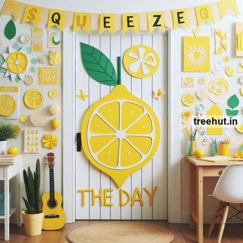 Lemon School Bulletin Board ideas and Lemon Door Décor. Lemon Door Decorations Classroom, Lemon Bulletin Board Ideas, Lemon Bulletin Board, Camping Bulletin Boards, School Bulletin Board Ideas, Room Crafts, Valentines Day Bulletin Board, Lemon Crafts, Spring Bulletin