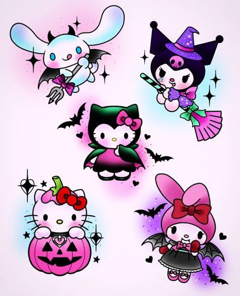 Spooky Kawaii Tattoo, Spooky Hello Kitty Tattoo, Spooky Sanrio Nails, Sanrio Halloween Tattoo, Hello Kitty Halloween Tattoo, Halloween Hello Kitty Tattoo, Tattoo Designs Hello Kitty, Kawaii Halloween Tattoo, Halloween Graphic Design Illustration