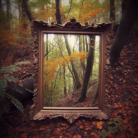 Deep within an ancient forest, where sunlight trickled through a canopy of leaves like shards of gold, there stood a peculiar mirror. But this mirror wasn't just any reflection; it held the power to reveal the truest desires of those who dared to gaze into its depths. Mirror In Nature, Forest Mirror, Fairy Shoot, Old Mirror, Fantasy Homes, Ancient Forest, Photography Classes, Hanging Mirror, Album Photo