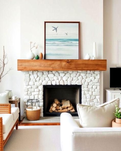 15 Coastal Fireplace Ideas To Bring Beachy Vibes Indoors Beachy Fireplace Tile Ideas, Coastal Farmhouse Fireplace Ideas, Coastal Fireplace Decor, Beach House Fireplace Ideas, Coastal Fireplace Ideas, Beach House Fireplace, Beach Fireplace, Coastal Fireplace, Wood Fireplace Surrounds