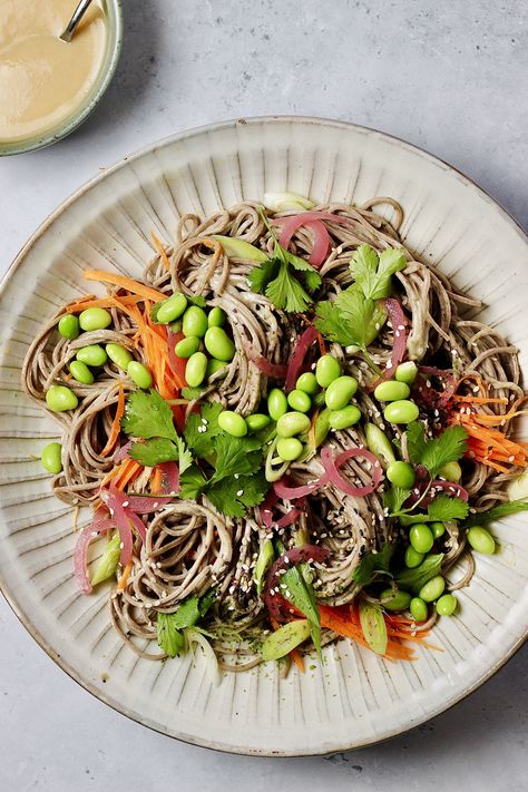 This 10-minute soba noodle salad is such a tasty lunch idea or a light dinner. Fill up with seasonal veggies and tuck in - the tahini sesame dressing is a must. Soba Recipe, Soba Noodles Recipe, Soba Noodle Salad, Noodle Salad Cold, Seasonal Veggies, Soba Noodles Salad, Soba Noodle, Noodle Salad Recipes, Easy Japanese Recipes