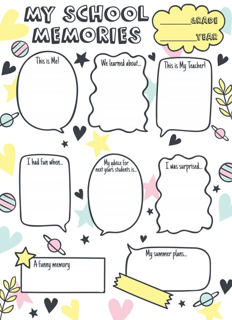 My Memories This School Year Printable Worksheet My Summer Memories, Children Day Activities For Kids, School Memory Book Printables, Printable All About Me, Children's Day Activities, Memory Book School, All About Me Printable, All About Me Worksheet, Get To Know Yourself