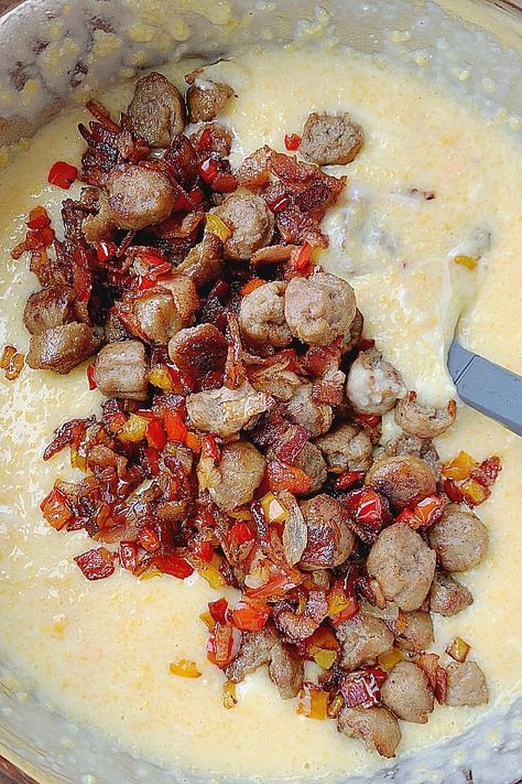 Breakfast Meal Prep Grits, Cheesy Grits And Sausage, Breakfast Ideas With Grits, Dinner With Grits, Dirty Grits Recipe, Sweet Potato Grits, Grits Casserole Breakfast, Grit Casserole, Loaded Grits