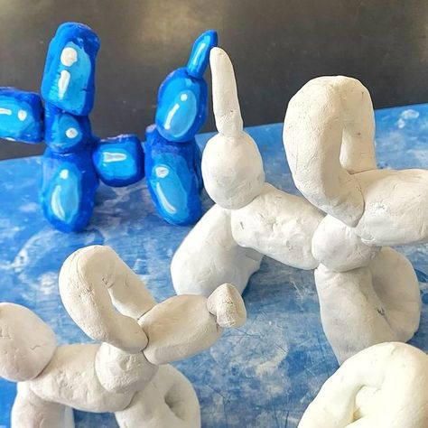 Miss Lee on Instagram: "Found some time in between classes to do some test samples. And we’re studying Jeff Koons next… 🎈  I wanted to teach these with ceramic clay but the body parts were having trouble staying together while drying, so we’ll probably be using air dry clay instead!   #jeffkoons #balloondog #birthdaypartyart #popart" Clay Lesson Plans Elementary, Koons Jeff, Jeff Koons Art Projects For Kids, Kindergarten Art Projects Famous Artists, Jeff Koons Art, Jeff Koons, Balloon Dog, Ceramic Clay, Air Dry Clay