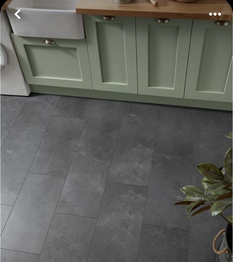 Slate Grey Floor Tiles, Sage Kitchen Dark Floor, Kitchen Floor Grey Tile, Slate Tile In Kitchen, Slate Grey Kitchen Floor, Dark Grey Kitchen Tiles, Kitchen With Dark Grey Floor, Slate Laundry Room Floor, Black Tiled Kitchen Floor