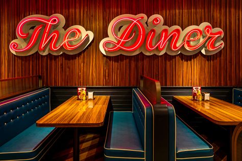 1960s Restaurant Interior, Vintage Interior Design Retro, 60s Diner, Modern Diner, Diner Aesthetic, American Cafe, Diner Sign, Diner Restaurant, London Restaurant