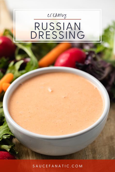 Russian dressing is creamy, slightly spicy, tangy, and perfect as a sandwich spread or salad dressing. Russian Salad Dressing, French Fry Sauce, Homemade Russian Dressing, Dill Relish, Honey Sriracha Sauce, Homemade Appetizer, Homemade Buffalo Sauce, Russian Dressing, Salad Dressing Recipes Homemade