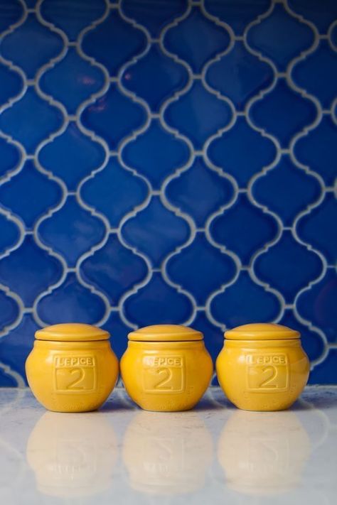 Yellow Kitchen Accents, Kitchen Yellow, Trendy Kitchen Tile, Tile Accent Wall, Trendy Kitchen Backsplash, Yellow Tile, Yellow Living Room, Blue Tile, Porcelain Mosaic Tile