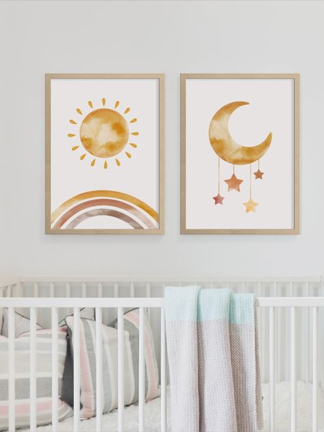 Sun And Moon Art Aesthetic, Sun Themed Nursery, Moon Themed Nursery, Sun And Moon Nursery, Nursery Sun, Moon Nursery Art, Neutral Watercolor, Nursery Art Set, Moon Nursery