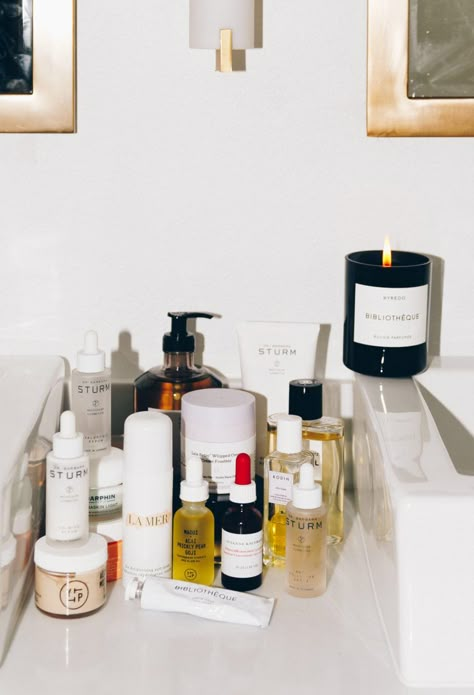 The Chriselle Factor | My New Bathroom Shelfie Reveal Bathroom Skincare, Skincare Vanity, Skin Care Bathroom Aesthetic, Cosmetic Photoshoot, Bathroom Skincare Aesthetic, Bathroom Aesthetic Skincare, Skincare Shelfie, Skincare In Bathroom Photography, Beautycounter Skincare