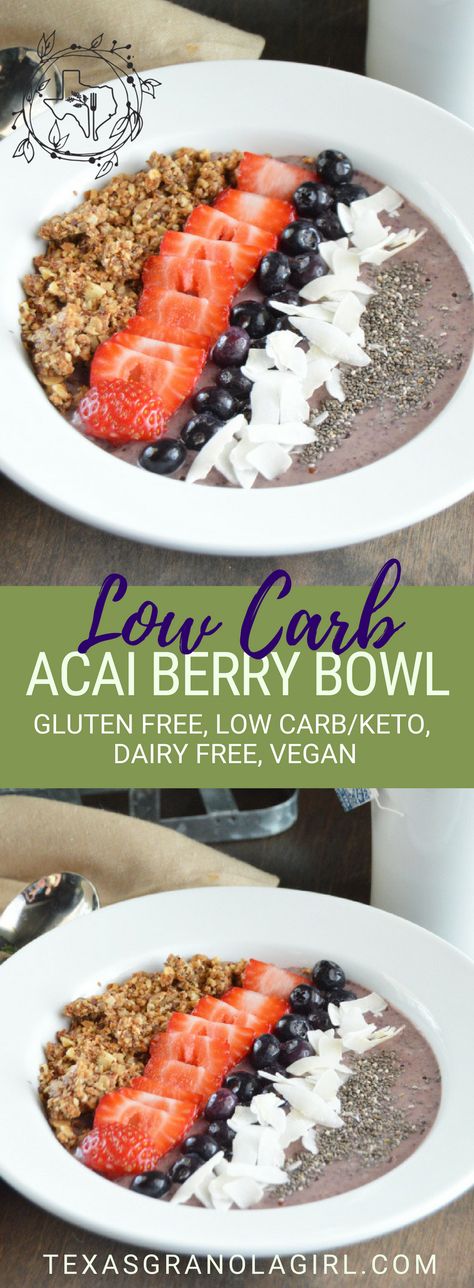 This Low Carb Acai Berry Bowl is smooth, creamy, refreshing and loaded with yummy toppings...the textures are amazing! It's also dairy free, gluten free and low carb! The magic is that the acai smoothie base is made with avocado instead of banana for maximum creaminess! #lowcarbbreakfast #texgranolagirl #LCHF #acaibowl Keto Acai Bowl, Acai Berry Bowl, Low Carb Grain, Smoothie Base, Acai Bowls Recipe, Healthy Brunch Recipes, Keto Smoothie Recipes, Best Smoothie, Healthy Brunch