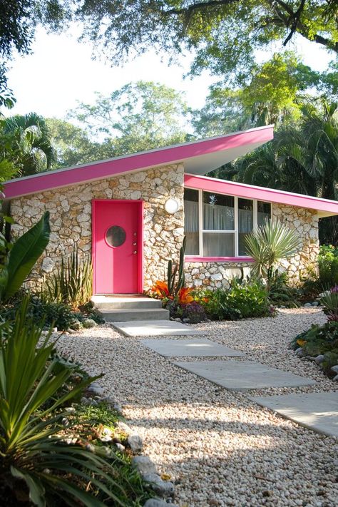 Mid-century modern house with a pink door and stone facade. Get ready for a sun-soaked adventure in Palm Springs’ mid-century marvels, where sleek design meets desert vibes and retro never looked so cool! Houses In Austin Texas, Midcentury Farmhouse Exterior, Florida Concrete Block Homes, Miami Modern House, Pink Palm Springs Aesthetic, Tiny House Mid Century Modern, Mid Century Mobile Home, House Design Mid Century Modern, Old Palm Springs