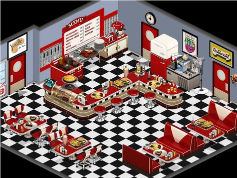 50S Diner Wallpaper Retro Restaurant Aesthetic, Diner Layout, Miniature Diner, 1950's Diner, Bloxburg City, Street Food Design, Habbo Hotel, Diner Aesthetic, 1950s Diner