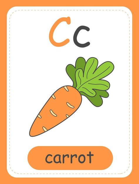 Alphabet card for children with the letter C and a carrot. Educational card for kids. The word carrot, the English alphabet. Vector illustration. Letter C Flashcards, C For Carrot, Letter C Clipart, C Is For Carrot, Word Pictures Art, Abc Flashcards Printable, Letter C Coloring Pages, C Alphabet, Apple Template