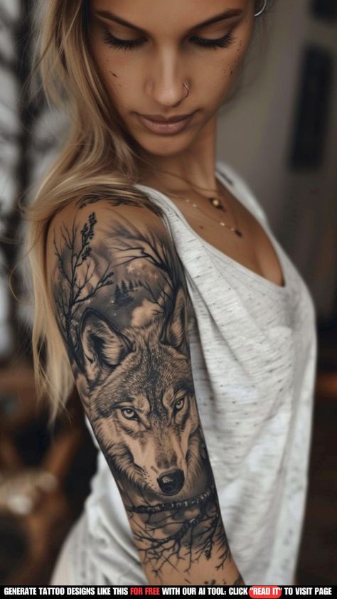 Hour Class Tattoos, Wolf Sleeve Tattoos For Women, Wolf With Woman Tattoo, Wolf Tattoo Sleeve For Women, Wolf Tatoos Woman, Wolf Arm Tattoo Woman, Wolf Flower Tattoo Design, Wolf Sleeve Tattoo Women, Woman Wolf Tattoo