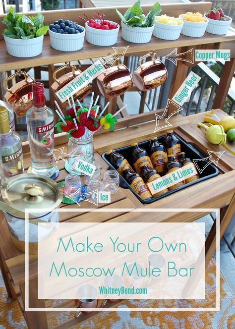 Moscow Mule Bar, Mule Bar, Mixology Party, Diy Cocktail Bar, Vodka Bar, Mixology Bar, Cocktail Station, Moscow Mule Recipe, Mule Cocktail