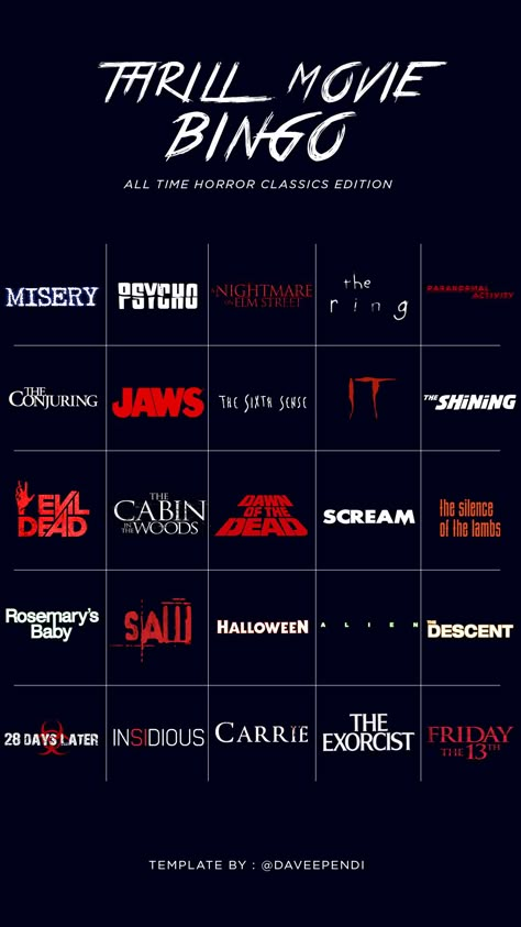 Horror Movies 2023 List, Zombie Movie Recommendations, Horror Movie Challenge List, Halloween Movie Bingo, Movie Bingo Template, Comedy Horror Movies, Slasher Movies List, Horror Movie Bingo, Horror Movie Ideas