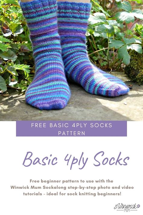 A pair of blue, purple and turquoise striped socks being modelled on feet.  The model is standing on a stone slab amongst green leaves. Knitted Sock Patterns Free Easy, Easy Sock Pattern, Simple Knitted Socks Free Pattern, Easy Knitted Socks, Sock Knitting Patterns Free Beginner, Simple Sock Knitting Pattern, Knitted Tube Socks Free Pattern For Beginners, Basic Sock Knitting Pattern Free, Two Needle Socks Free Pattern