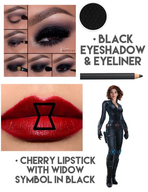 Black Widow makeup Black Widow Eye Makeup, Black Widow Makeup Avengers, Black Widow Nails, Black Widow Makeup, Rockabilly Makeup, Cherry Lipstick, Black Widow Costume, Black Widow Avengers, Costume Making