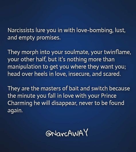 𝗡𝗮𝗿𝗰𝗔𝗪𝗔𝗬 🍁 on Instagram: “Did you get tricked with narcissists bait and switch tactic? #narcissist #narcissisticpersonalitydisorder #narcissisticabuse #narcissism…” Narcissistic Husband, Empty Promises, Cheating Quotes, Bait And Switch, Narcissistic Behavior, Crazy Life, Narcissism, Twin Flame, Soulmate