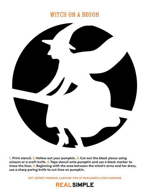 Pumpkin carving stencil: Witch on a Broom Witch Pumpkin Stencil, Witch Pumpkin Carving, Emoji Pumpkin Carving, Best Pumpkin Carving Ideas, Easy Pumpkin Designs, Best Pumpkin Carving, Printable Pumpkin Carving Stencils, Pumpkin Carving Stencils Templates, Cat Pumpkin Carving