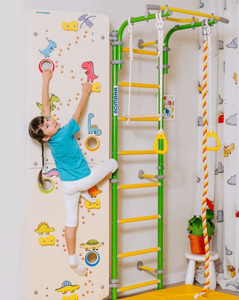 Kids Gym Room, Indoor Home Gym, Kids Indoor Gym, Minimalist Playroom, Sensory Gym, Wall Bars, Toddler Gym, Indoor Playroom, Basement Playroom